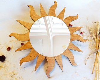 Sonnen Wandspiegel, Runder Holzspiegel, Brauner Sunburst Spiegel