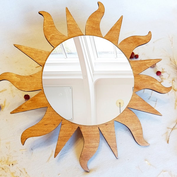 Sun wall mirror, Round wooden mirror, Brown sunburst mirror