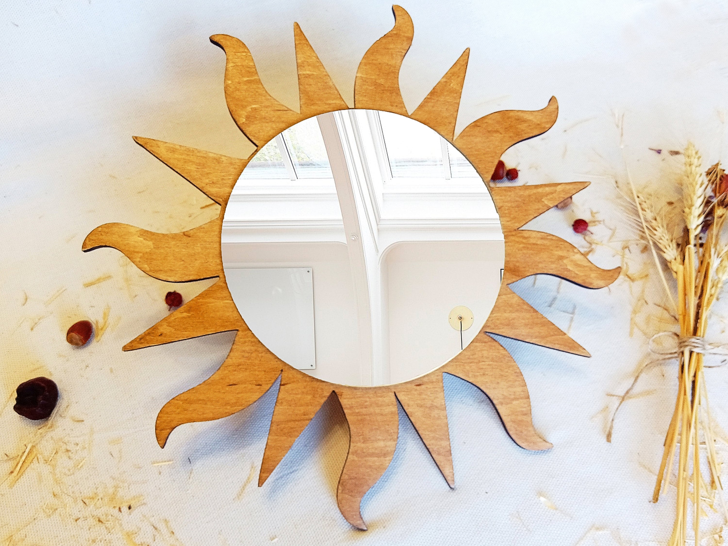 Sun Wall Mirror Round Wooden Mirror Brown Sunburst Mirror Etsy