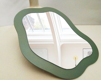Small wall mirror sage green, Little mirrored art, Cute mirror, Minimalist wood frame, Above makeup table accent, Aesthetic wavy glass