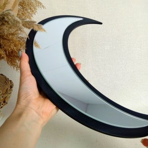 Mirror wall decor black crescent moon, Half moon mirror, Wooden moon wall hanging with mirror, Moon child boho decorative mirror