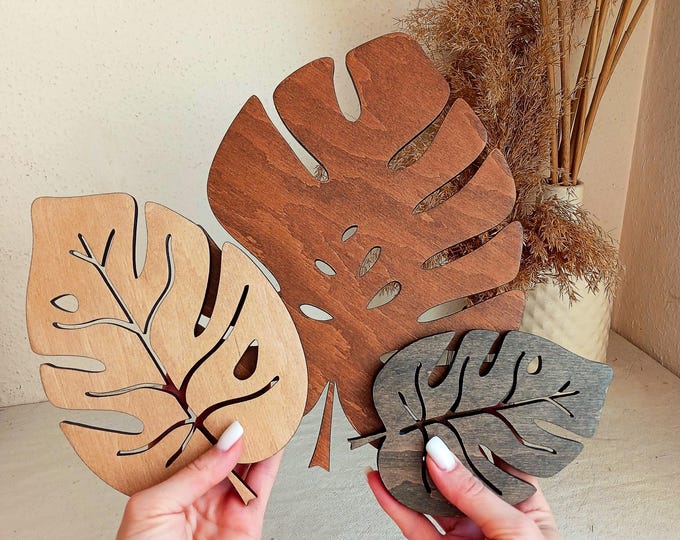 Tropical Leaf Wooden Wall Art, Set of 3 Monstera Plant, Palm Leaf Decor ...