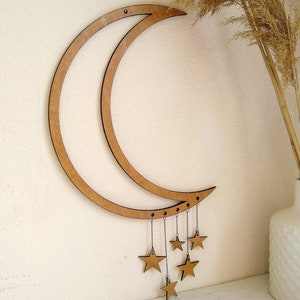 Nursery wood moon wall decor, Star wall art, Boho wall decor, Crescent moon with stars, Moon wall hanging, Bohemian wall decor