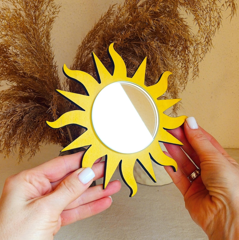 Small decorative mirror sun shape dark brown, Star mirror wall decor, Little accent mirror, Cute nursery mirror, Celestial decor, Fun mirror Yellow