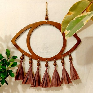 Wooden evil eye, Raffia wall hanging, Wooden wall decor All seeing eye, Third eye decor