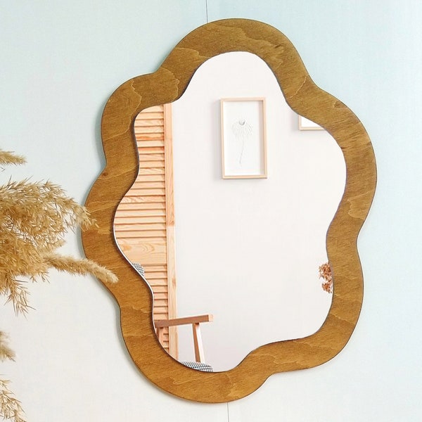 13.8" Small brown asymmetrical mirror wall decor, Wood frame irregular mirror, Oval squiggle mirror