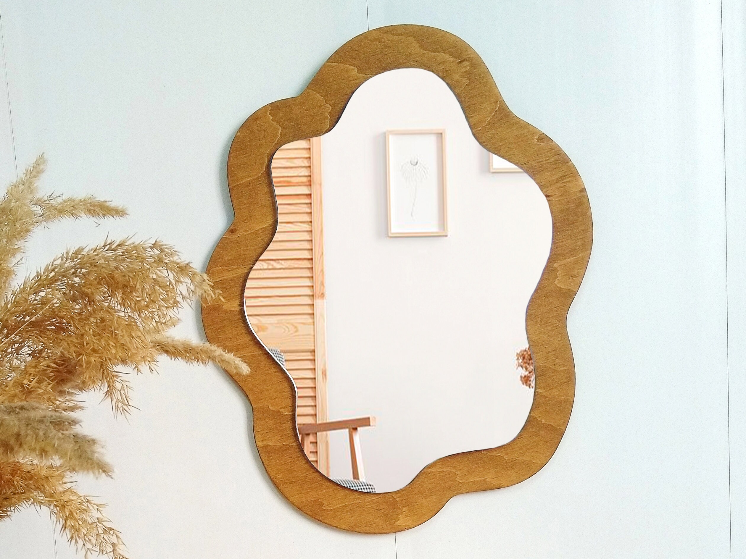 13.8 Small brown asymmetrical mirror wall decor Wood | Etsy