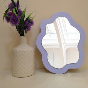 Asymmetrical mirror wall decor periwinkle, Small wavy mirror for wall, Wood irregular mirror, Boho squiggle mirror, Oval funky mirror cute