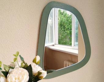 Green small wall mirror, Sage green decor, Little mirror, Cute mirror, Minimalist mirror, Wood frame mirror, Makeup mirror, Aesthetic mirror