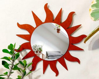 Mahagoni Sunburst Spiegel - Boho Holzwand Dekor