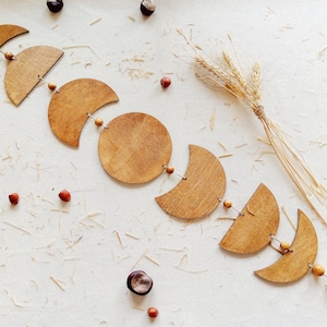 Brown wooden moon phase wall hanging, Boho wall decor, Decor above the bed