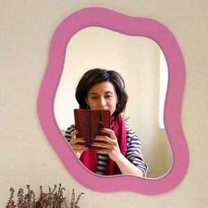 Pink mirror wall decor, Small wall mirror, Funky mirror for wall, Pink asymmetrical mirror