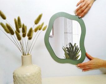 Wavy mirror sage green decor 13,8", Asymmetrical mirror, Irregular mirror room decor aesthetic, Funky mirror, Small makeup mirror wall decor