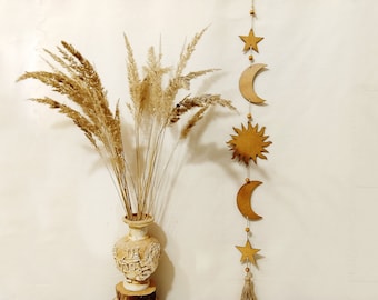 Mondphasen-Wandbehang mit Sonne und Sternen, hölzerne Mondgirlande, himmlische Dekoration für Kinderzimmer, ästhetische Raum- und Bürowanddekoration