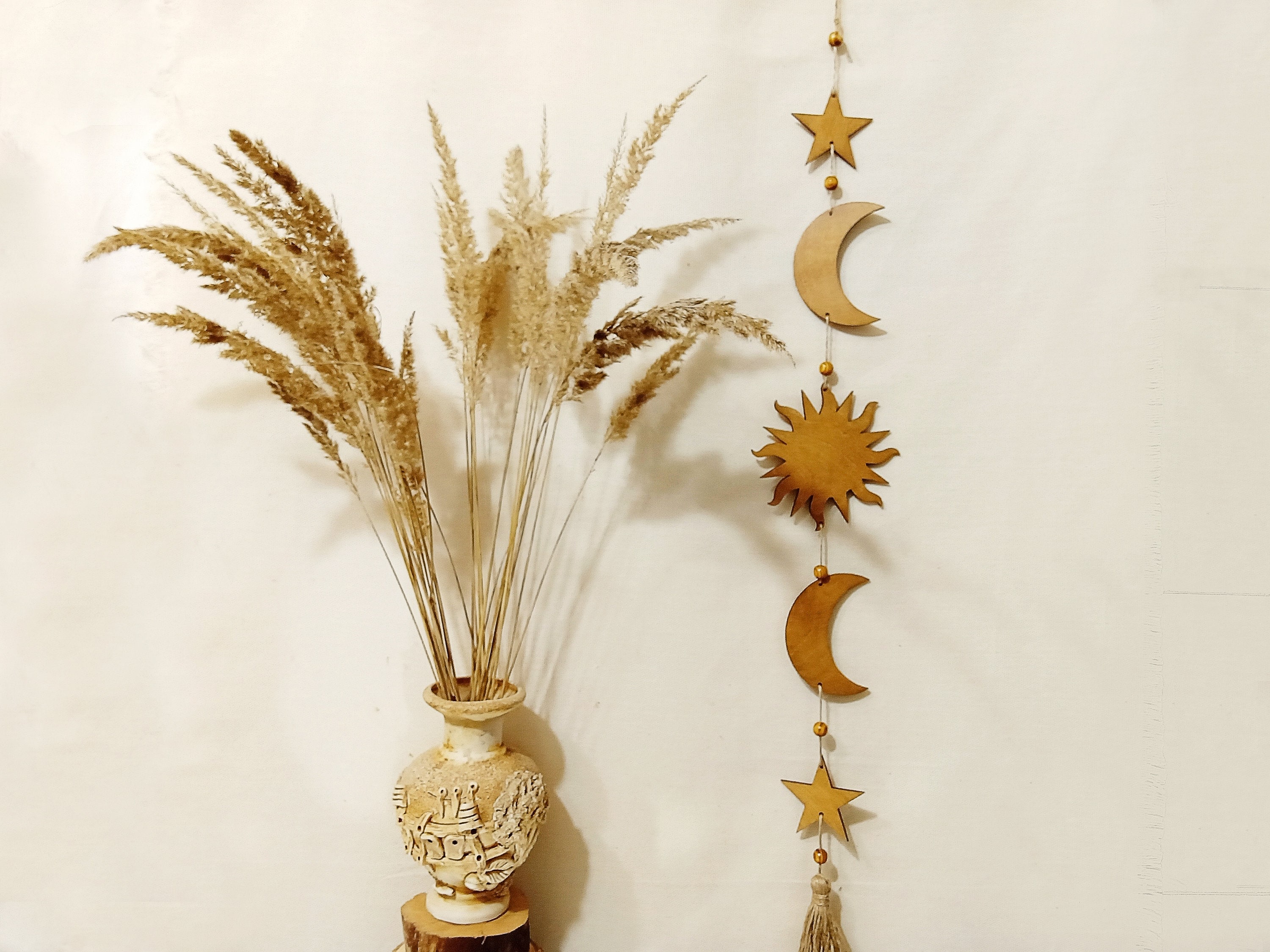 Moon Phase Wall Hanging With Sun and Stars, Wooden Moon Garland ...