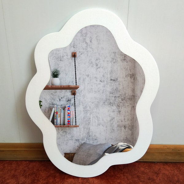 Snow white oval wavy mirror for wall, Asymmetrical vanity mirror, White wood squiggle mirror, Housewarming gift idea