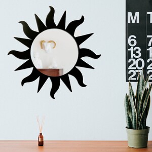Black sun mirror, Sunburst wooden mirror, Boho wall mirror