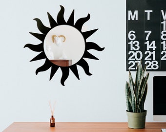 Schwarzer Sonnenspiegel, Sunburst Holzspiegel, Boho Wandspiegel
