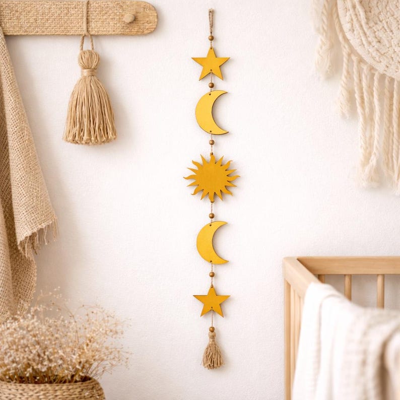 Boho Wall Decor Sun Moon Stars Garland, Baby Room Celestial Decoration ...