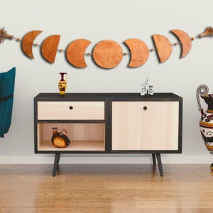Large wooden moon phases above the bed, Horizontal brown moon phase wall hanging, Boho wall decor
