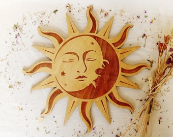 木製の太陽と月の顔の壁掛けアート、子供部屋やリビングルームの