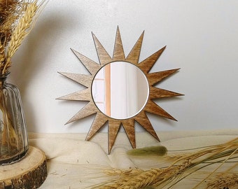 Decorative mirror sun shape, Wooden pointed sunburst mirror, Rustic wood frame mirror, Handmade boho sun mirror, Small vintage mirror