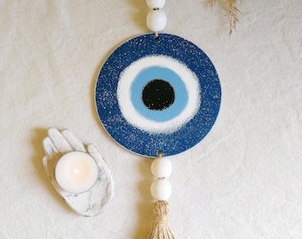 Wooden Evil Eye Wall Hanging, Home Protection Decor, Housewarming gift