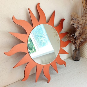 Large Copper Sunburst Mirror – Wooden Boho Wall Decor with Round Glass