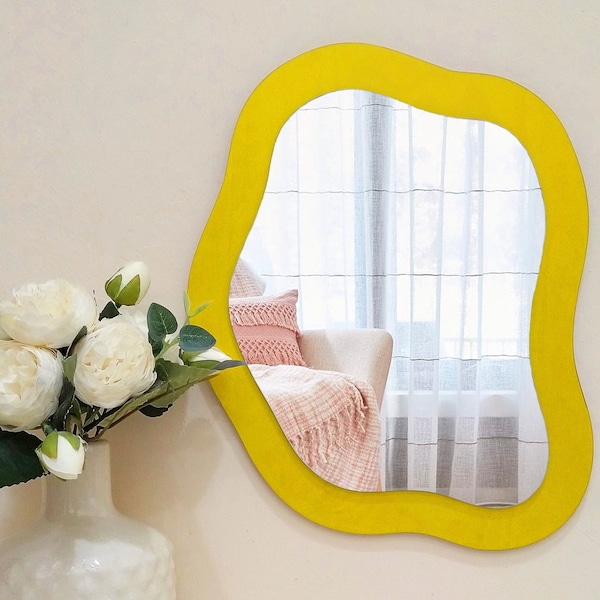 Mirror wall decor wavy shape yellow, Decorative asymmetrical wall mirror, Modern mirror for entryway, Hanging wood mirror, Cool pond mirror