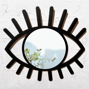 All seeing eye mirror wall decor, Black accent evil eye wall mirror, Boho eye wall hanging with small circle mirror, Third eye boho chic art