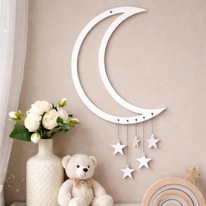 Decoración de pared de madera blanca estilo bohemio con luna creciente y estrellas / Adorno colgante para habitación infantil