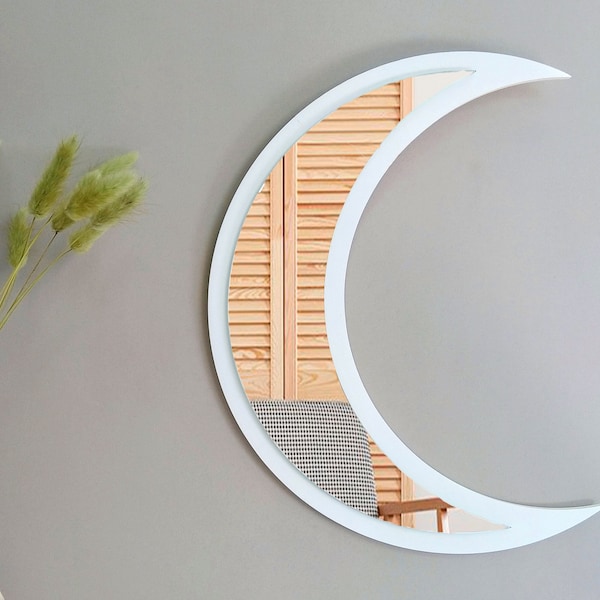 Mirror wall decor white crescent moon, Half wooden moon wall hanging with mirror, Moon child boho decorative mirror for wall