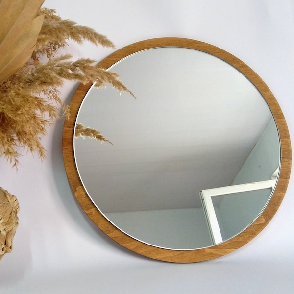 Kreisspiegel-Wanddekoration, kleiner brauner runder Spiegel, Make-up-Holzrahmenspiegel, runder Kosmetikspiegel für die Wand, walnussfarbener Spiegel