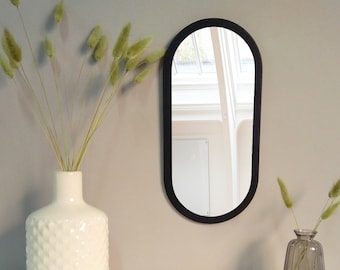 Small oval decorative wall mirror 13.8", Small makeup mirror, Organic shape black wooden mirror