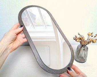 Small wall mirror grey, Decorative mirror, Oval mirror, Boho mirror, Modern mirror, Small accent mirror, Mirror wall decor, Wooden mirror
