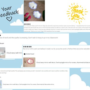 May include: Cloud-shaped wall mirrors with a wavy design, in shades of purple and white. The image also includes customer feedback, a "Thank You" graphic, and the text "Your Feedback".