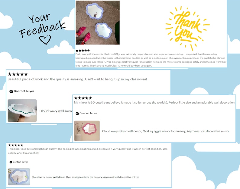 May include: Cloud-shaped wall mirrors with a wavy design, in shades of purple and white. The image also includes customer feedback, a "Thank You" graphic, and the text "Your Feedback".
