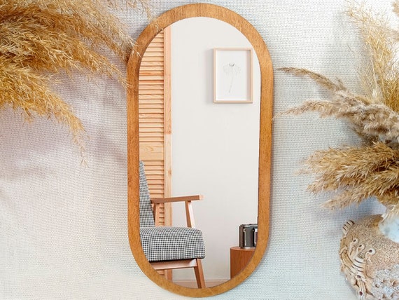 13.8 " Small oval vanity mirror, Decorative wood frame mirror, Boho wall mirror