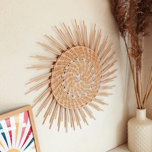 Boho wall decor large sun wall hanging, Big sunburst wall decor, Sun shaped wicker wall basket