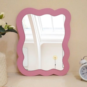 Pink wavy mirror, Asymmetrical wall mirror, Small decorative mirror, Little irregular mirror for living room, Squiggle accent mirror