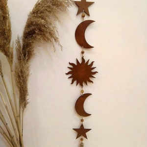 Sun moon stars wall decor dark walnute color, Celestial vertical wooden garland, Boho wall hanging with beads and tassel, Moon wall decor