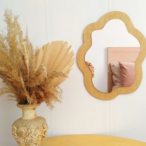 Beige oval wavy mirror wall decor, Irregular funky mirror, Asymmetrical pond mirror, Wood frame mirror, Boho mirrorred accent, Rustic art