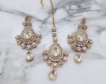 Crystals Earrings Tikka set/22K Gold Plated/Cubic Zircon/Ethnic earrings/Bollywood Earrings/Indian Jewelry/Pakistani Jewelry