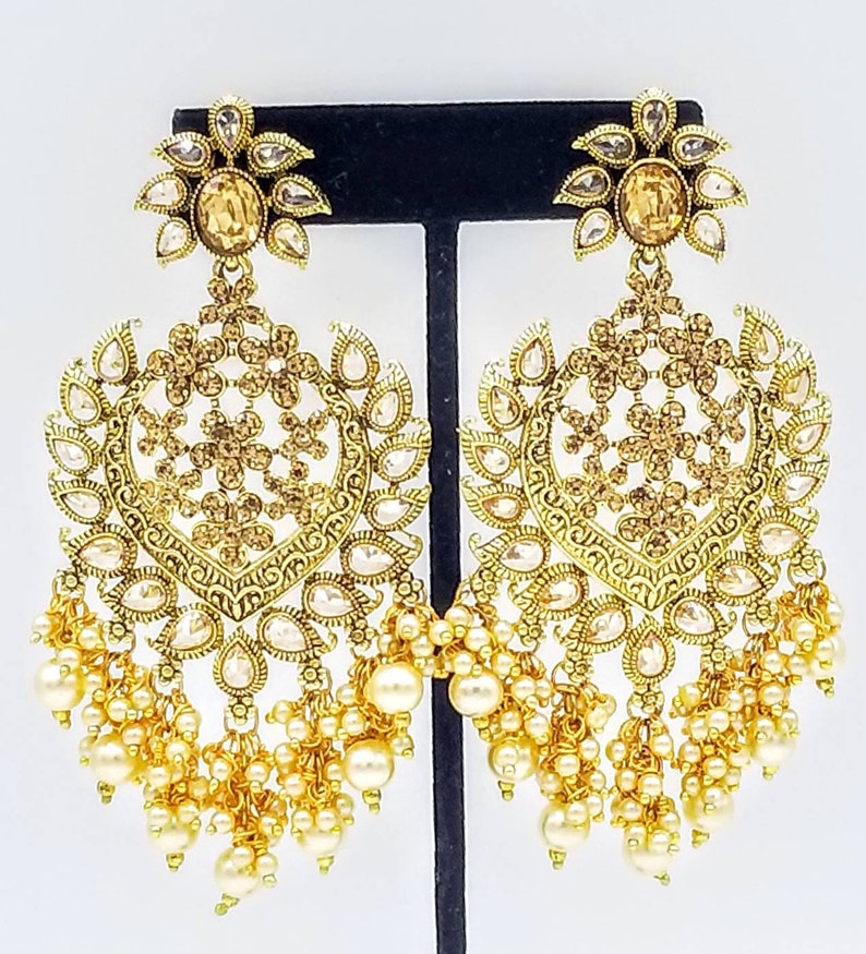 Jhumka Earrings in Alamo Clear Crystals & Green Crystals Beads/dangling