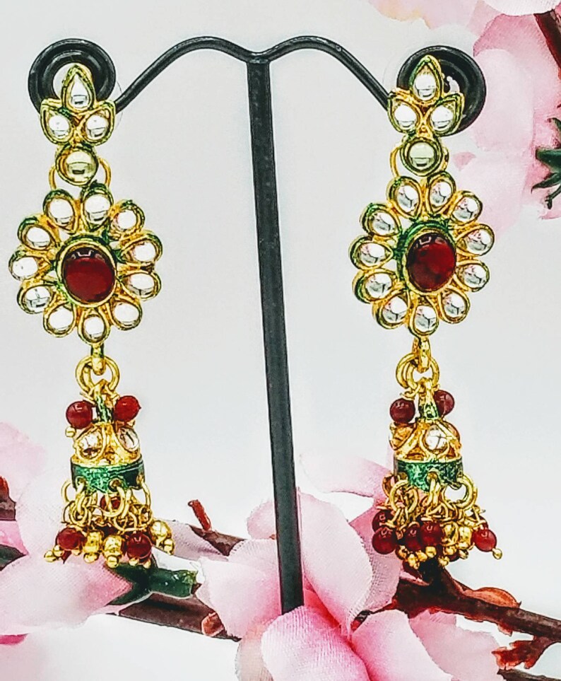 Kundan Meenakari Red Beads Jhumkas With Red Crystals/22k Gold Etsy