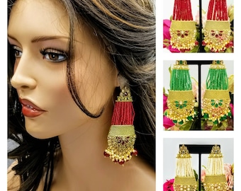 Boucles d'oreilles Jhumka en perles de rocaille, perles vertes, perles rouge foncé/Boucles d'oreilles pendantes/Boucles d'oreilles Bollywood/Cristaux Alamo Champagne