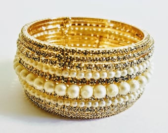 Indian pearls crystlas kada/Indian bangle/Pearls, seed pearls and crystals bracelet/22K Gold plated/Cuff bracelet/Sizes 2.6, 2.8 & 2.10