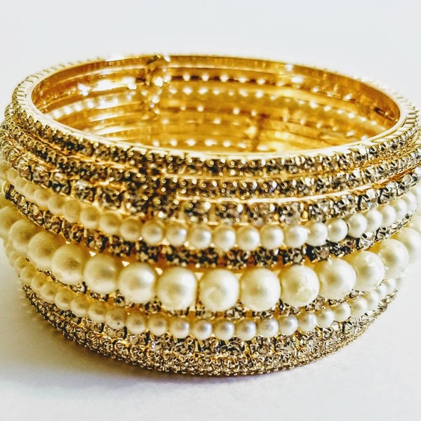 Indian pearls crystlas kada/Indian bangle/Pearls, seed pearls and crystals bracelet/22K Gold plated/Cuff bracelet/Sizes 2.6, 2.8 & 2.10