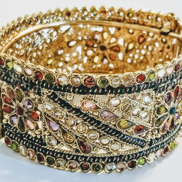 Indian kada/Indian cuff bracelet/Bangle/Hinged bracelet with pin/ Multi-colored gemstones/Meenakari bracelet/Kundan bracelet/22K Gold plated