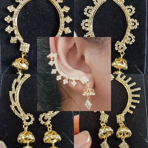 Crystals Gold Earrings/Ethnic earrings/Bollywood/Indian Jewelry/Pakistani Jewelry/Ear cuffs no piercing earrings